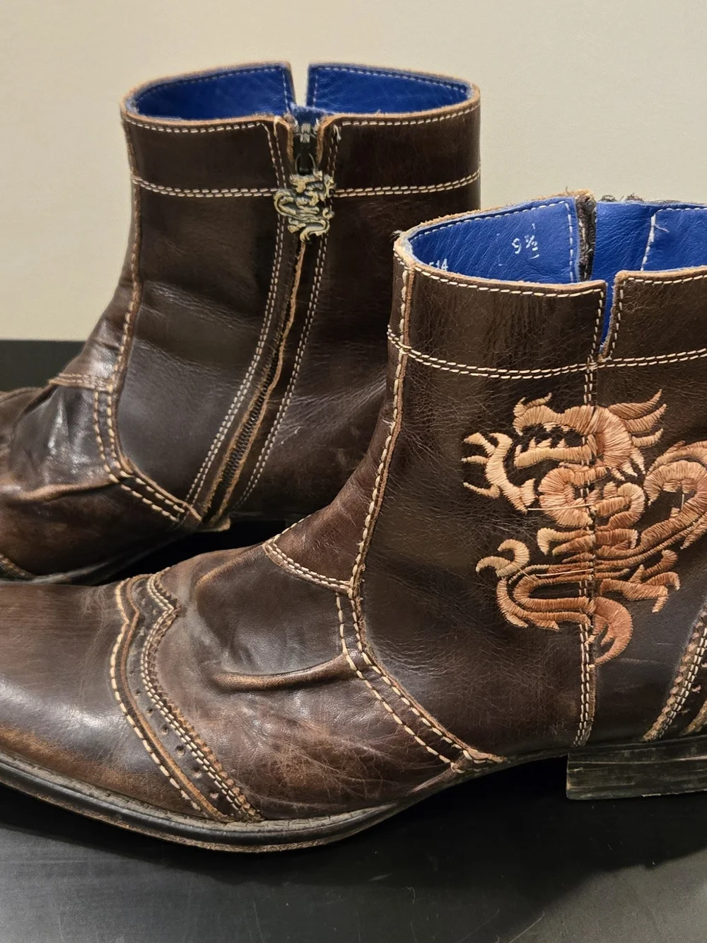 Mark Nason Brown Leather Chukka Boots with Tan Dragon Embroidery